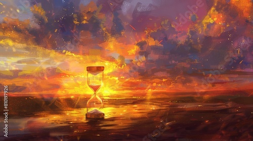 A serene scene featuring an hourglass set against the soft light of dawn  symbolizing the passage of time