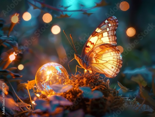 Amazing of a solitary insect, a butterfly with delicate, shimmering wings, attending a magical night ball in a fairy garden, with blur background, Sharpen banner with copy space © JK_kyoto