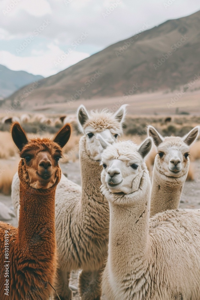 Obraz premium A group of three llamas standing in a field with mountains behind them. AI.