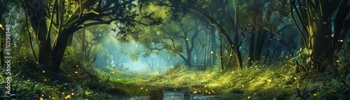 An ancient forest path, illuminated by fiberoptic fireflies, leads to a hidden glade with a digital nature reserve photo