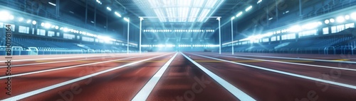 An athletics track surrounded by virtual reality stands and phantom cheers, crafted exclusively for a hightech AI image with copy space © JK_kyoto