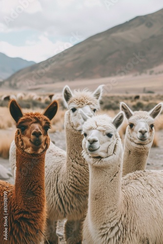 A group of three llamas standing in a field with mountains behind them. AI.