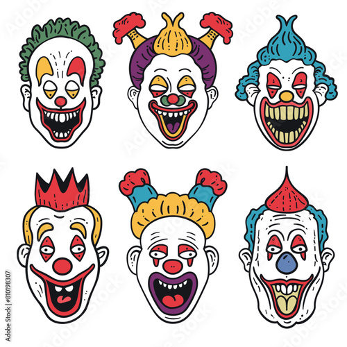 Collection six cartoon clown faces varying expressions hairstyles colorful makeup isolated white background. Clowns feature exaggerated smiles red noses distinctive hair colorful outfits. Faces show