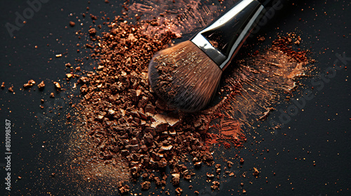 Makeup brush shaking off loose eye shadow on black background photo