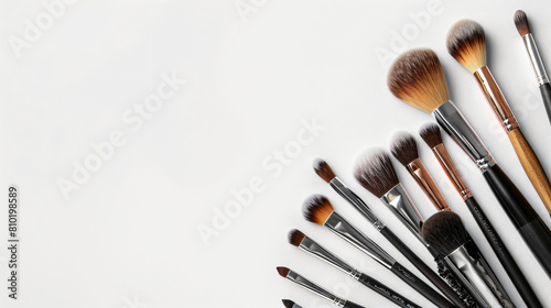Makeup brushes with cosmetic products on white background