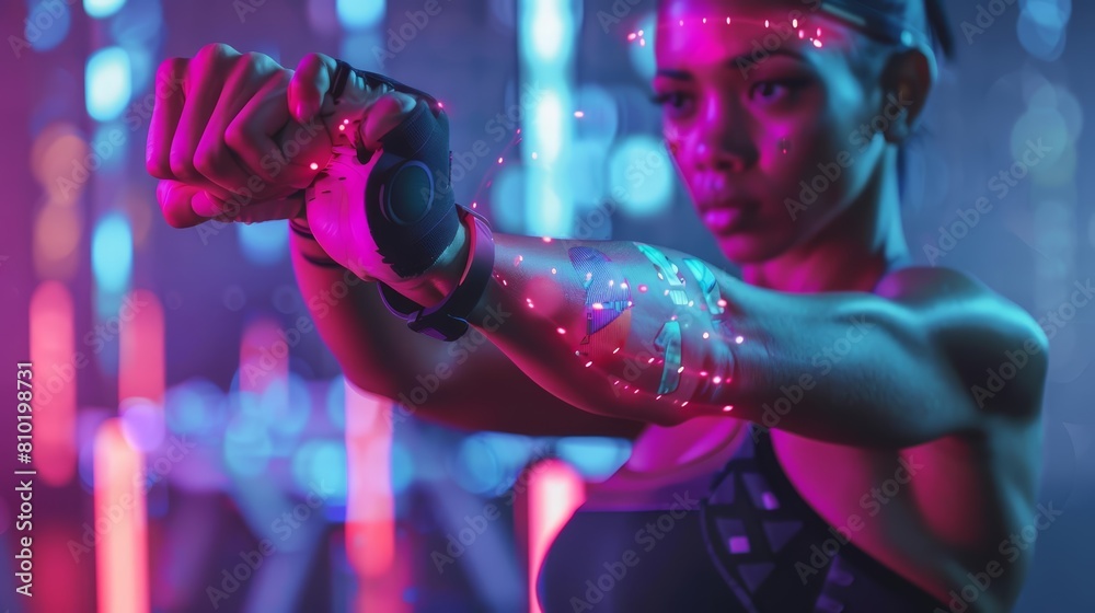 Closeup half body of a personal trainer with Glow HUD big Icon of fitness programs Closeup half body of a personal trainer with Glow HUD big Icon of fitness programs