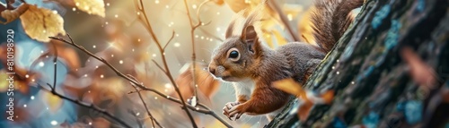 Creative charismatic of an arboreal animal  a squirrel in a tiny adventurer s outfit  exploring a tree cityscape  with something on hand  Sharpen banner with copy space