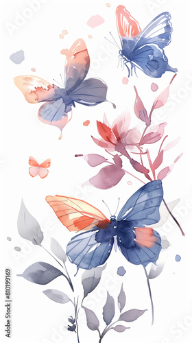 Ilustração aquarela, borboletas voando photo
