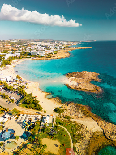 Vertical drone view of Nissi island and beach in Ayia Napa, Cyprus