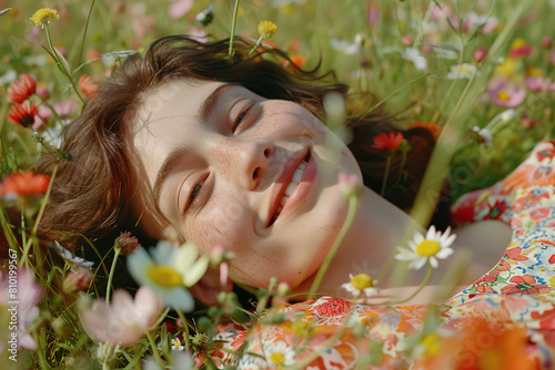 Beautiful smiling woman lying in the field of flowers