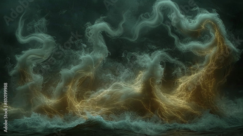 A painting of smoke and fire with a dark blue background