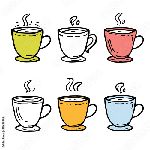 Six colorful doodle style coffee cups steam emitting, suggesting hot beverages. Handdrawn mugs filled, various hues yellow, white, pink, orange, blue, drink illustrations. Simple line art coffee