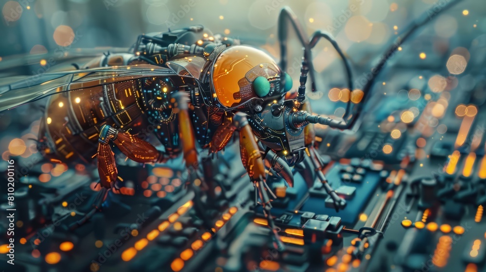 Futuristic concept of a social insect, adorned in humanlike cyber attire, engaging in unique robotic communication in a tech hub, with cyber styles, Sharpen banner with copy space Futuristic concept of a social insect, adorned in humanlike cyber attire, engaging in unique robotic communication in a tech hub, with cyber styles, Sharpen banner with copy space