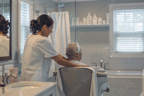 A serene bathroom with modern amenities, where a caregiver assists a senior person with personal care