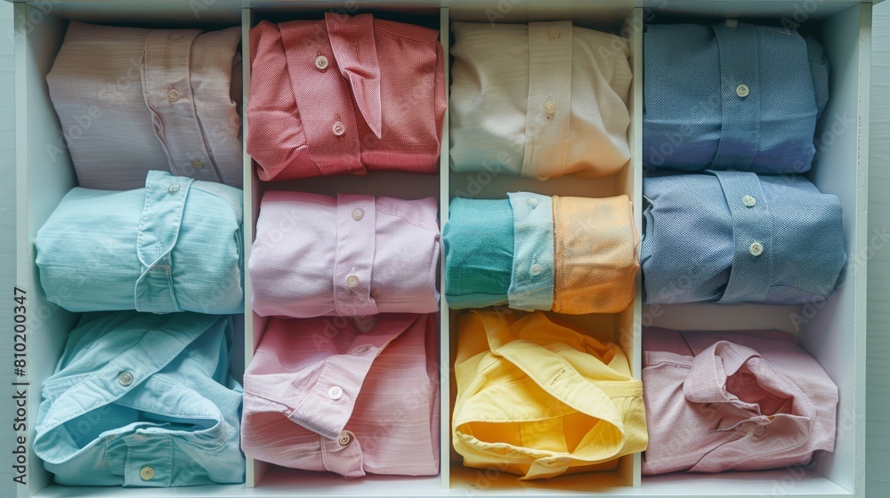 Neatly folded shirts in pastel hues, arranged in a drawer against a soft gray backdrop, emphasizing organization and color coordination