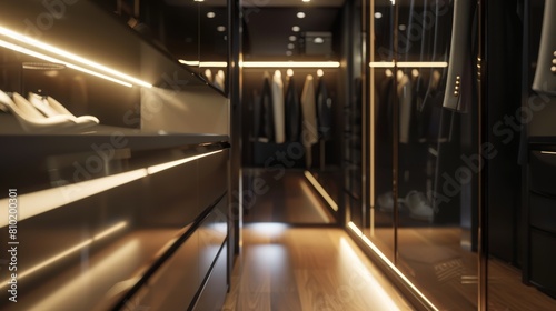 Modern closet close-up in high resolution  featuring cinematic lighting that enhances the glossy finishes and sharp lines