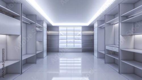 Modern minimalist closet  completely empty  showcasing the purity of the design and the spacious interior