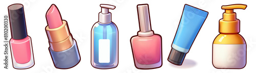 2d cosmetics set.Nail polish,lipstick, lip gloss, Blue Glass Pump Bottle , Tubes Bottle , Liquid Soap ,  Beauty Products vector