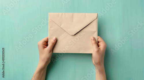 Male hands with envelope on color background closeup -
