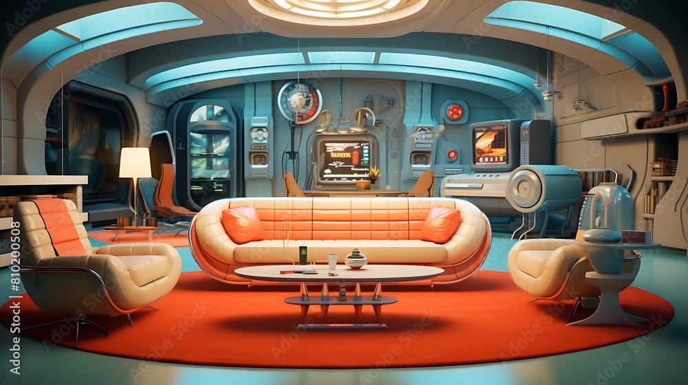 Fototapeta premium Devise a time-traveler's living room with retro-futuristic gadgets and vintage furniture