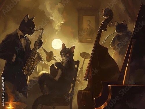 Im setting up an image of a jazz band comprised entirely of cats in a smoky club, portrayed in a modernist art style, perfect as a banner concept photo