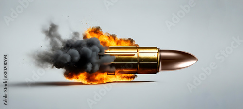 A gun shot bullet flying in speed with cloudy smoke isolated on opaque white background. photo