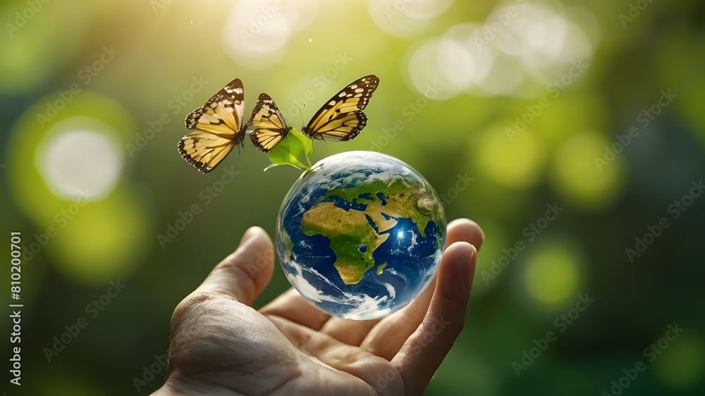 On a green, sunny background, there is a flying yellow butterfly, a growing tree in the human hand, and an earthly crystal glass globe ball. preserving the ecosystem, a clean earth, and the ecological On a green, sunny background, there is a flying yellow butterfly, a growing tree in the human hand, and an earthly crystal glass globe ball. preserving the ecosystem, a clean earth, and the ecological