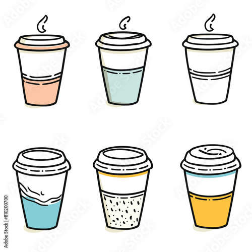 Six colorful coffee cups lids illustrated, unique color design, depicting steaming beverages. Handdrawn style coffee cups, different sleeve colors suggesting variety flavors types. Vector