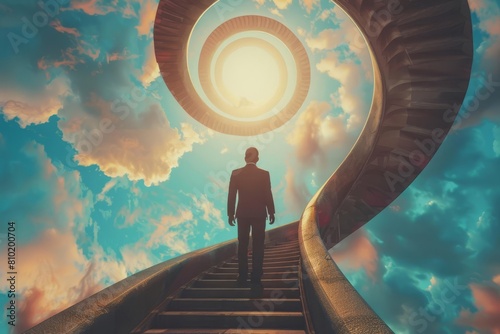ambitious businessman confidently climbing towering spiral staircase towards bright sky success and opportunity concept cinematic 3d illustration photo