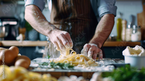 Man making dough for pasta at table in kitchen closeup
