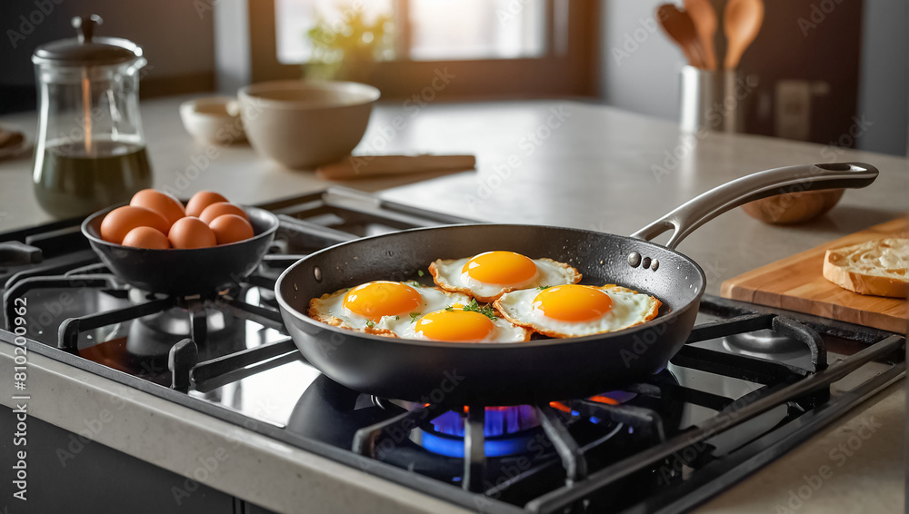 Eggs are fried in a frying pan in the kitchen Eggs are fried in a frying pan in the kitchen