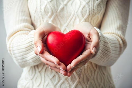 A woman's hands are holding a red heart. World Day of Health, Love and Family Insurance. World Heart and Health Day. National Organ Donor Day.