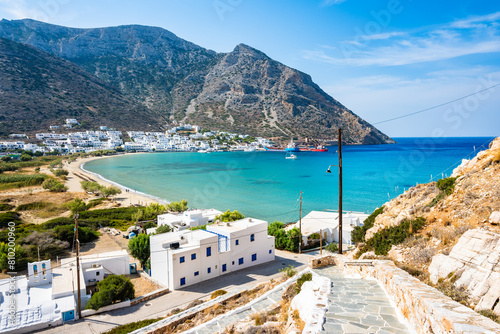 View of beautiful sea bay with beach in Kamares port, Sifnos island, Greece photo