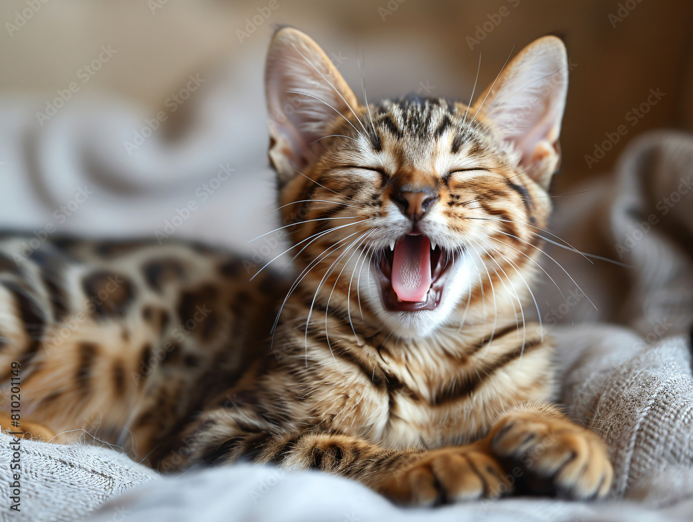 Cute funny laughing little Bengal Cat on a couch