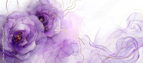 Ethereal artistic purple rose with transparency effect for luxury, wedding, unique celebrations. Gold elements embellishing this unique card. Smoke, dreamlike wallpaper of flowers.