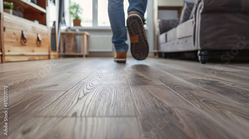 Man walking on new laminate flooring at home photo