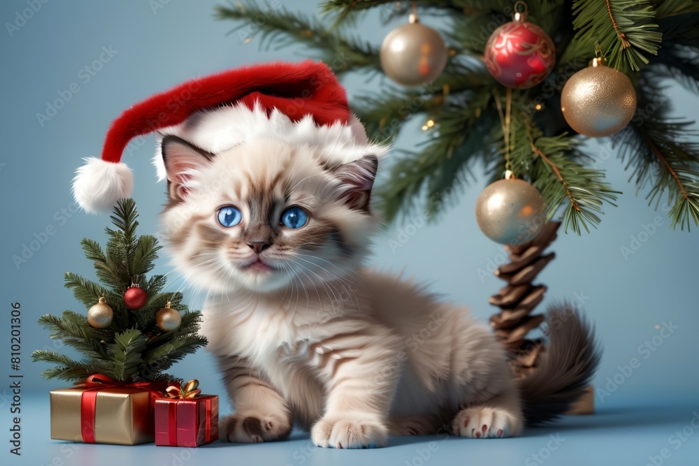 Beautiful young Ragdoll kitten against the background of a Christmas tree Beautiful young Ragdoll kitten against the background of a Christmas tree
