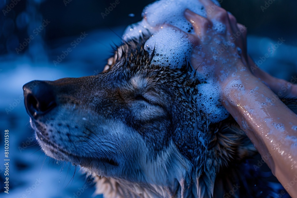 A detailed close-up of a wolf receiving a shampoo treatment, with vivid colors and soft illumination enhancing the grooming session A detailed close-up of a wolf receiving a shampoo treatment, with vivid colors and soft illumination enhancing the grooming session