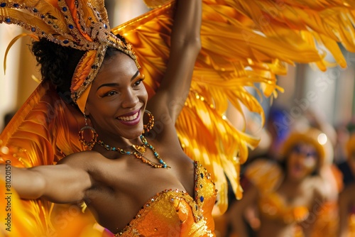 A detailed image showcasing the joyous performance of a Rio Carnival dancer, adorned in vibrant attire, dancing with passion