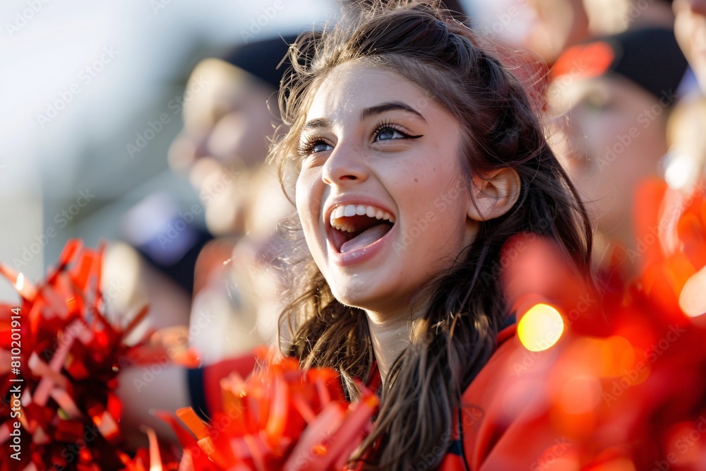 A close-up of a Pom-pom girl cheering energetically on the sidelines of a game A close-up of a Pom-pom girl cheering energetically on the sidelines of a game