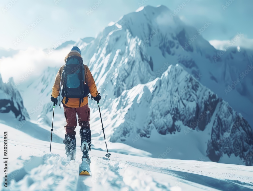 The image is set on a snowy mountain with a skier in sharp focus, providing ample copy space for winter sports gear promotions