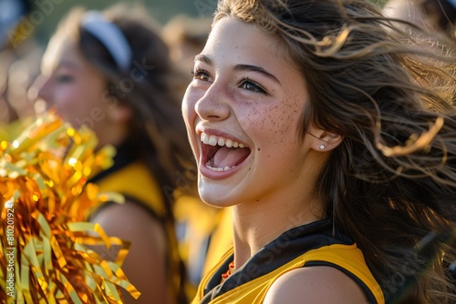 A close-up of a Pom-pom girl cheering energetically on the sidelines of a game