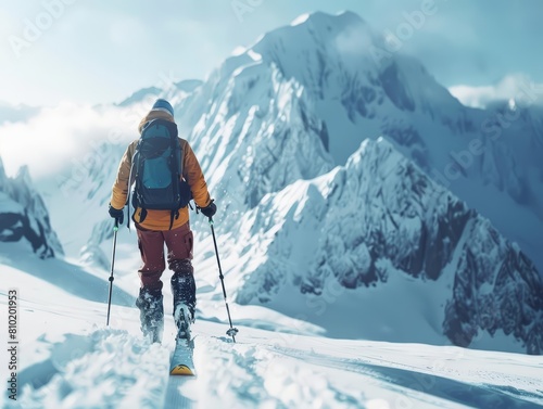 The image is set on a snowy mountain with a skier in sharp focus  providing ample copy space for winter sports gear promotions