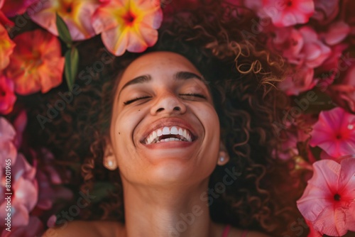 A close-up image of a woman laughing with abandon, her face lit up with joy, with vibrant colors of flowers in the background, symbolizing happiness and vitality