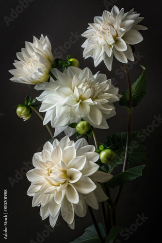 A beautiful bouquet of white dahlias on a black background