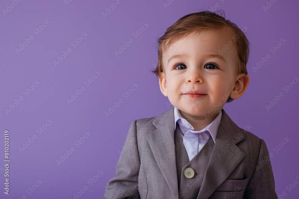 A charming toddler dressed as a businessman, against a serene pastel purple backdrop, with gentle natural light softly illuminating his outfit A charming toddler dressed as a businessman, against a serene pastel purple backdrop, with gentle natural light softly illuminating his outfit