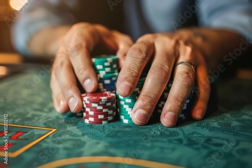 closeup of mans hands holding poker chips at casino table gambling concept illustration
