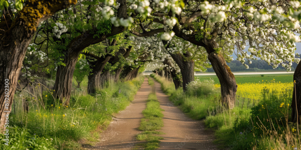 Rural path leading through a tunnel of blooming trees, inviting walks under a canopy of flowers