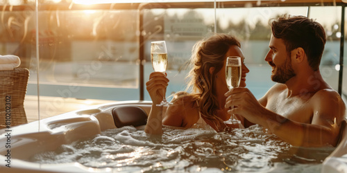 Sweet couple toasting with their champagne glasses while relaxing in the jacuzzi tub  Celebrating honeymoon in luxury