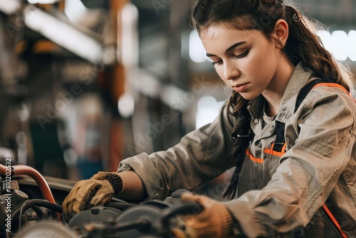 confident young female mechanic repairing car engine empowering women in maledominated industry